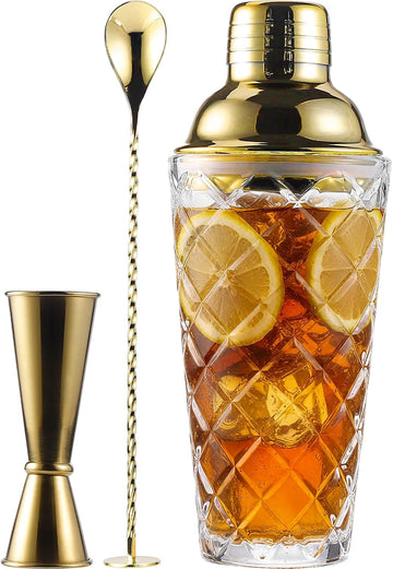 Glass Cocktail Shaker Set with Built-in Strainer - 16oz Thickened Pineapple Glass Gold Shaker Set, Gold Jigger & Bar - Set of 3