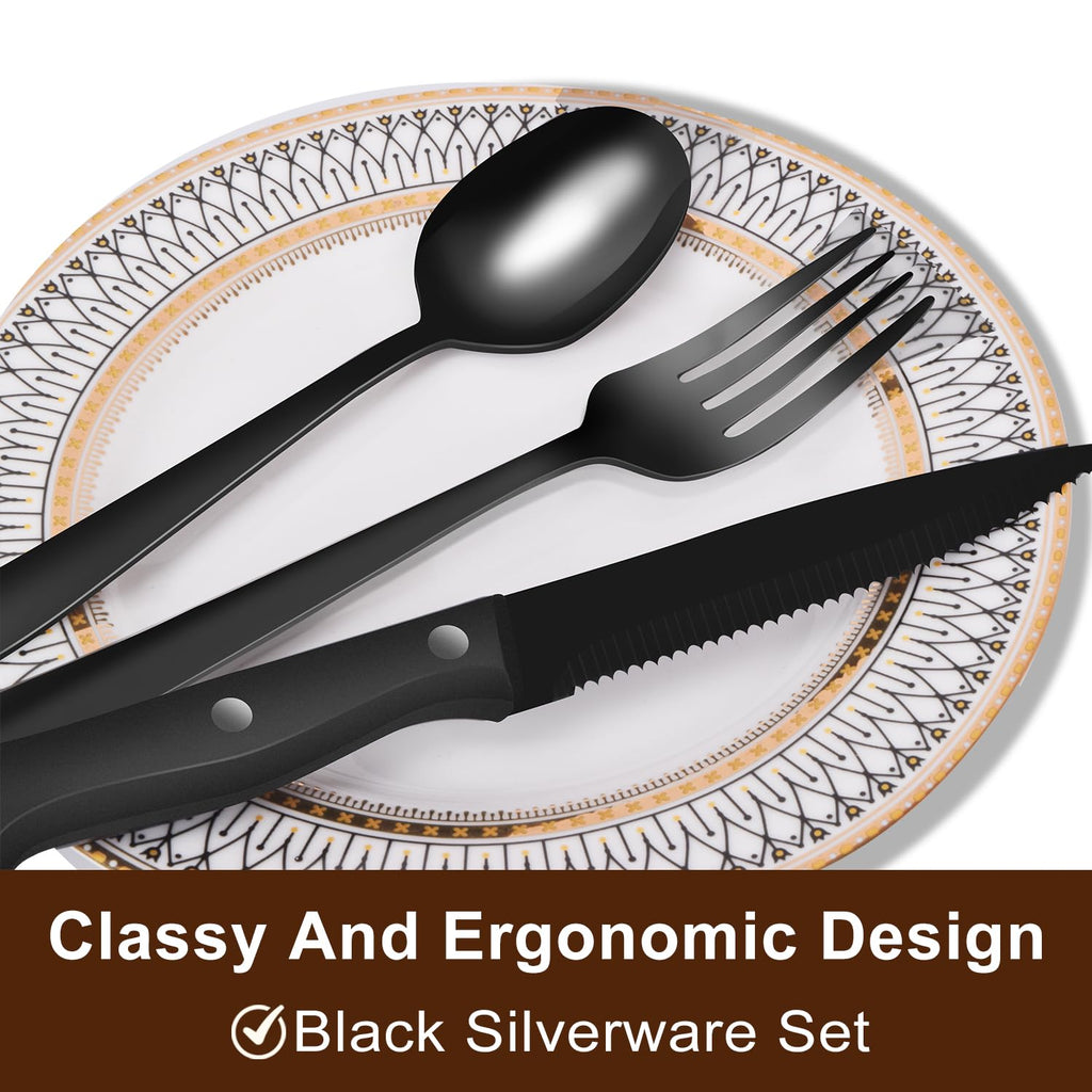 24-Piece Black Silverware Set for 4, Stainless Steel Flatware Set with Steak Knives & Utensil Sets - Mirror Finish