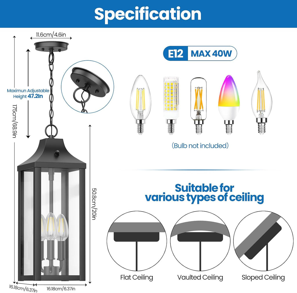 20" Large Outdoor Pendant Light Fixtures 3-Light