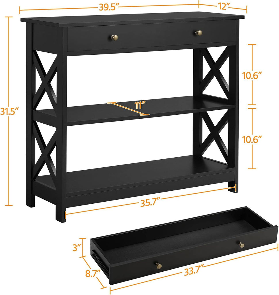 Console Table with Drawer, 39.5 Inch Narrow Sofa Table with Storage Shelves, 3-Tier Wood Entryway Table /Living