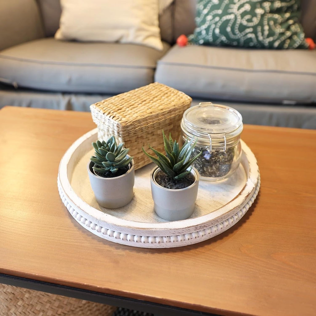 Round Wood Serving Tray with Beaded 13 Rustic Wooden Decorative Coffee Table Tray
