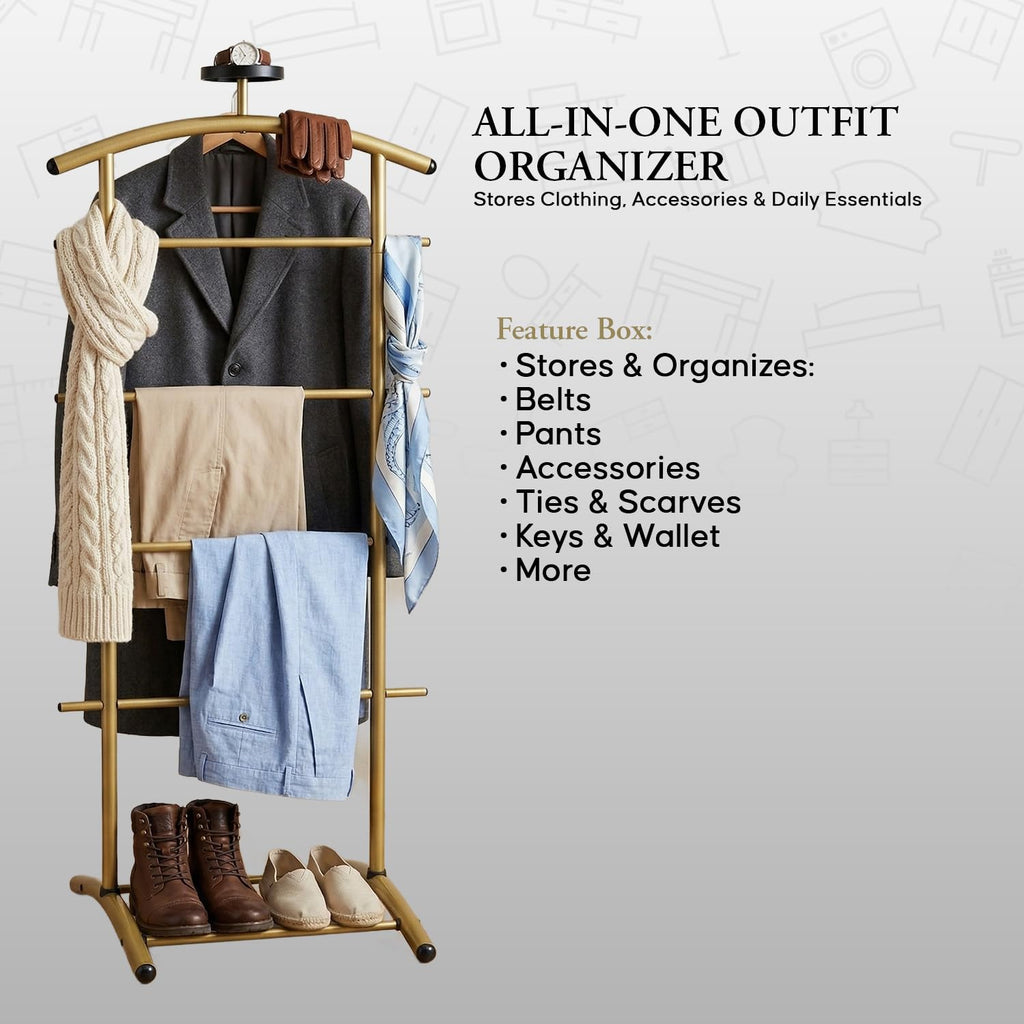 Freestanding Metal Suit Valet Stand with Tie Bar, Gold
