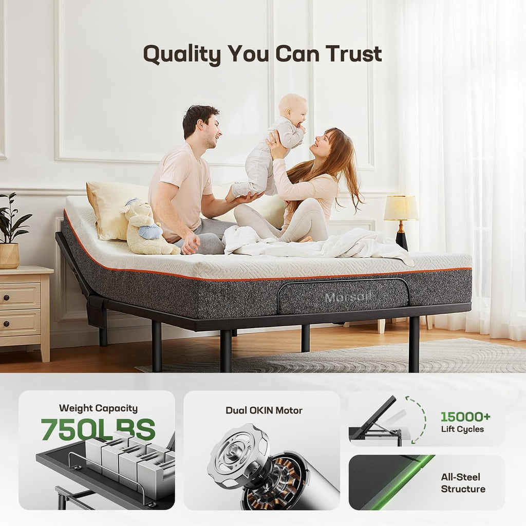 Split King Adjustable Bed Frame Electric Base, Head & Foot Incline