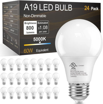 A19 LED Light Bulbs 60 Watt Equivalent, Daylight Bright White 5000K, E26 Medium Base Standard Lightbulbs, Energy - Set of 24