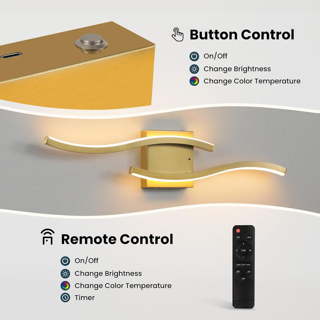 Gold Battery Operated Wall Sconces: 23.6 Inch Rechargeable Wall Sconce Set of 2 with Remote Control/3 Colors/10-100%