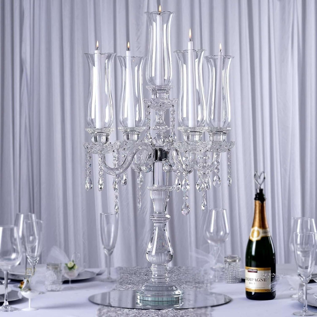 5 Arm Premium Crystal Glass Taper Candle Holder Candelabra with Chandelier Chains 32"