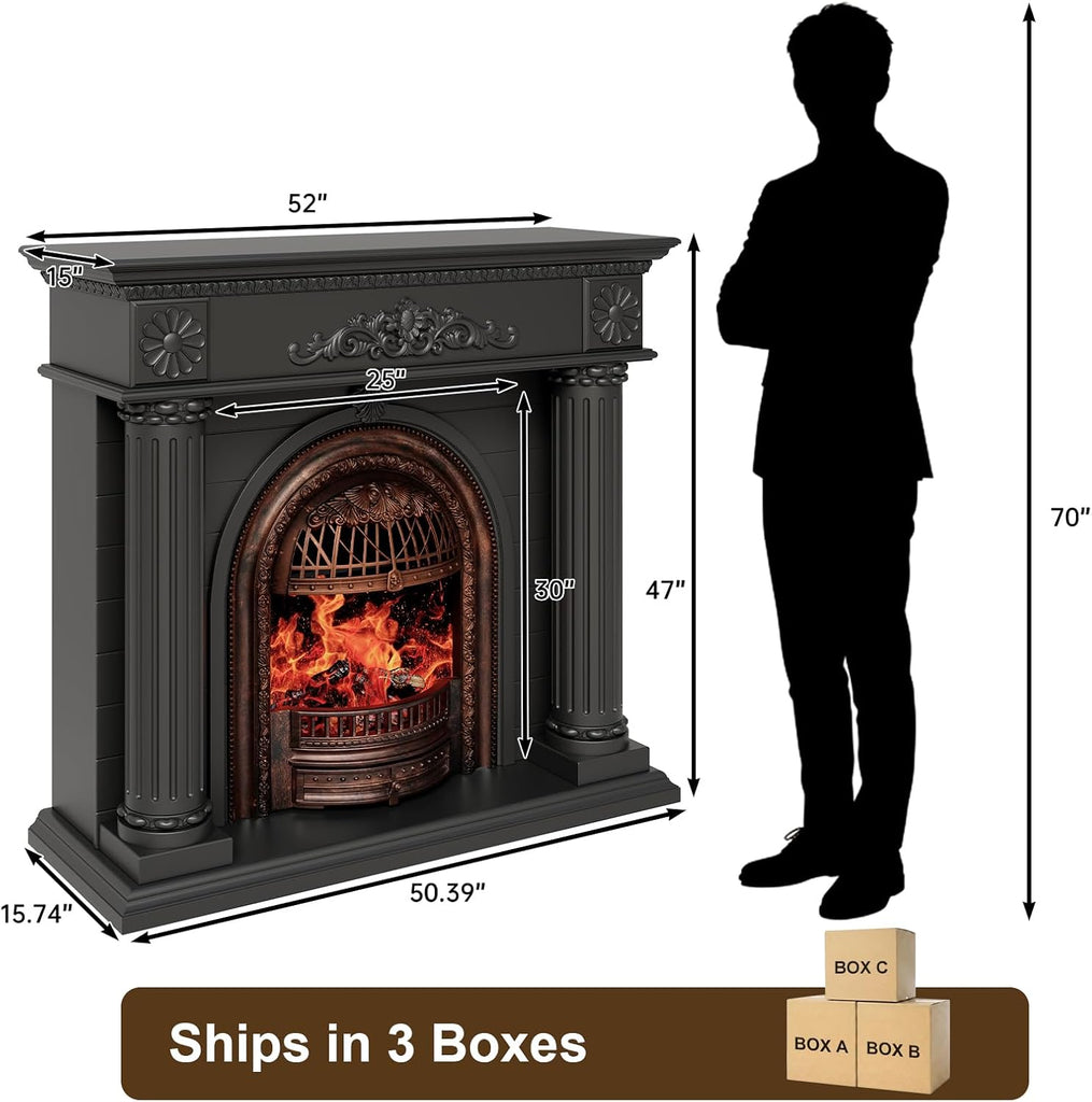 Solid Wood Electric Fireplace TV Stand, 52" Electric Fireplace with Mantel, Roman Column Entertainment Center with Bronze Arched Birdcage Insert, Electric Fireplace Heater for Living Room, Black