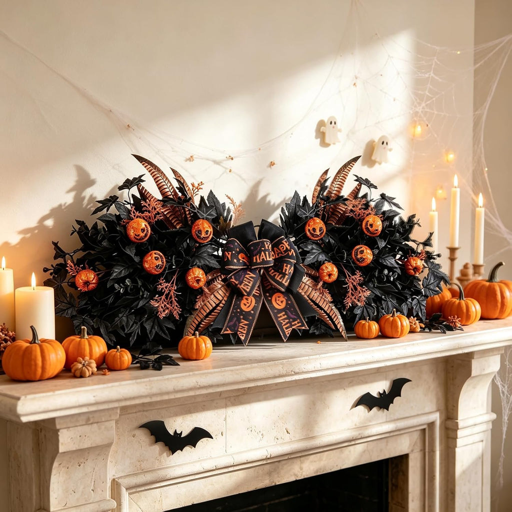 Halloween Front Door Swag Weath with LED Artificial Gothic Black Maple Glitter Evil Pumpkin Teardrop Swag