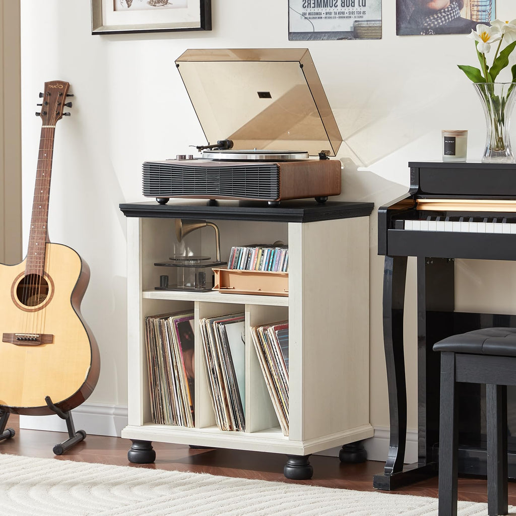 24" Wide Record Player Stand with Vinyl Record Storage, White