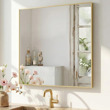 36x36 Inch Satin Gold Square Bathroom Vanity Mirror