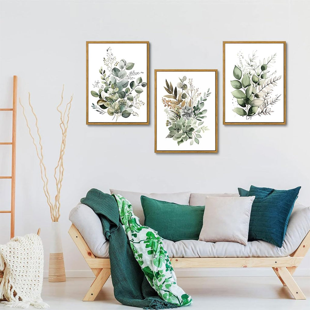 Botanical Wall Art Plant Floral Watercolor Poster Canvas Prints Set of 3 Framed Sage Green Painting Eucalyptus Leaf