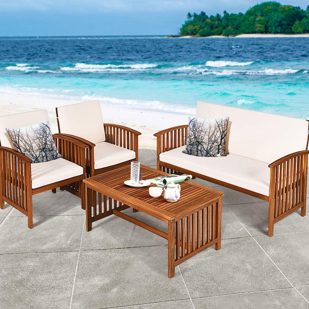 Outdoor 4 Pcs Acacia Wood Sofa Set w/Water Resistant Cushions, Padded Patio Seating Chat Set w/Coffee Table for