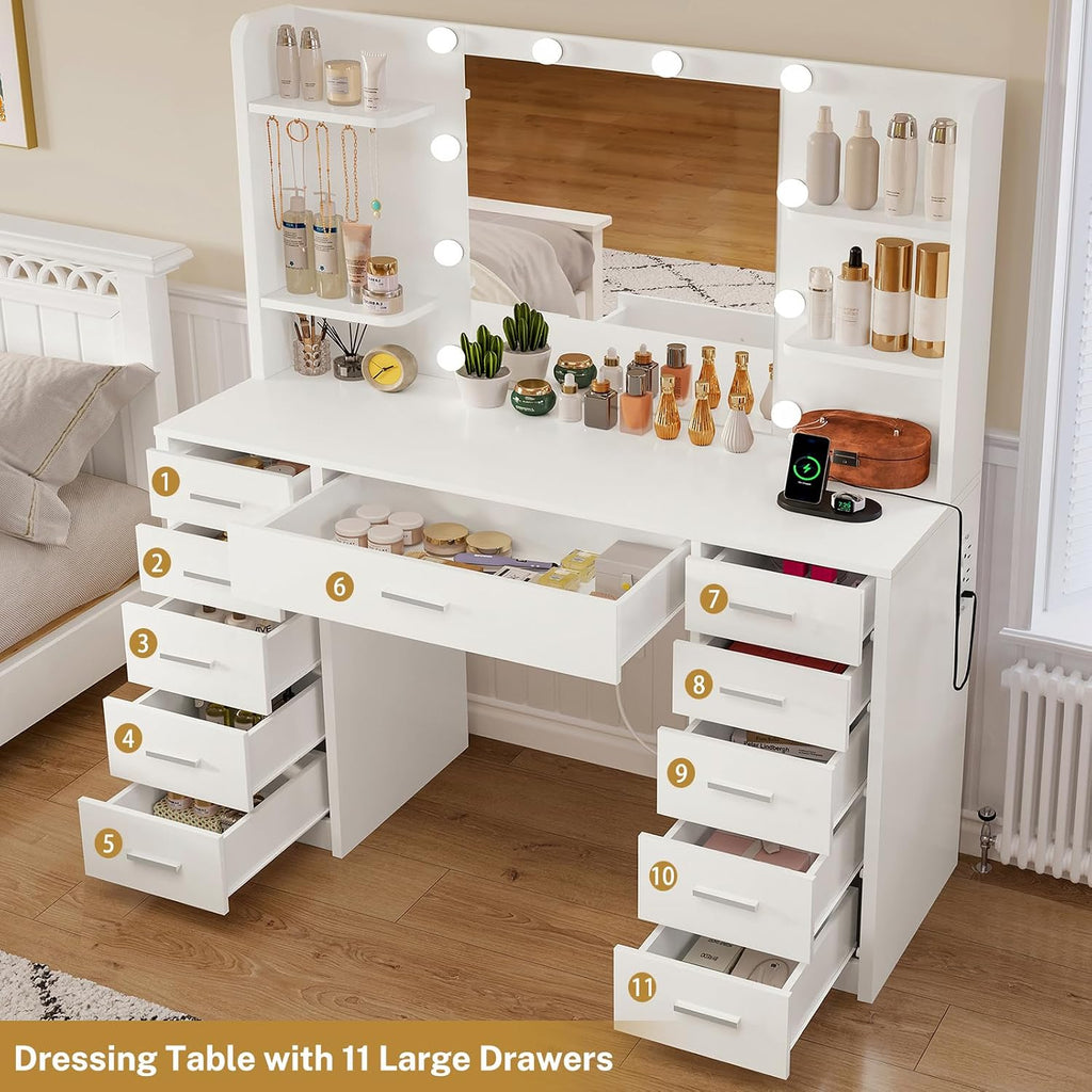 Large Vanity Desk with Mirror and Lights, Makeup Vanity with 11 Drawers & 6 Open Shelves, 3 Color Modes & Adjustable
