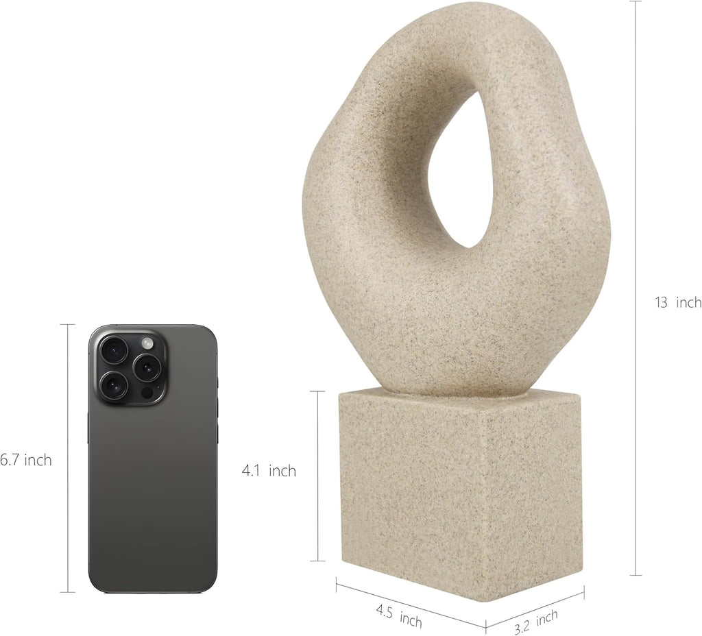 Minimalist Tabletop Decor Shelf Bookshelf Office, 13'' Tall Asymmetrical Organic Form Statue with Cube Base, Sand
