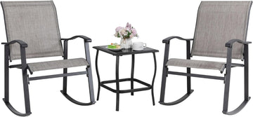 3 Piece Rocking Bistro Set, Outdoor Furniture with Rocker Chairs and Glass Coffee Table Balcony, Porch Furniture for
