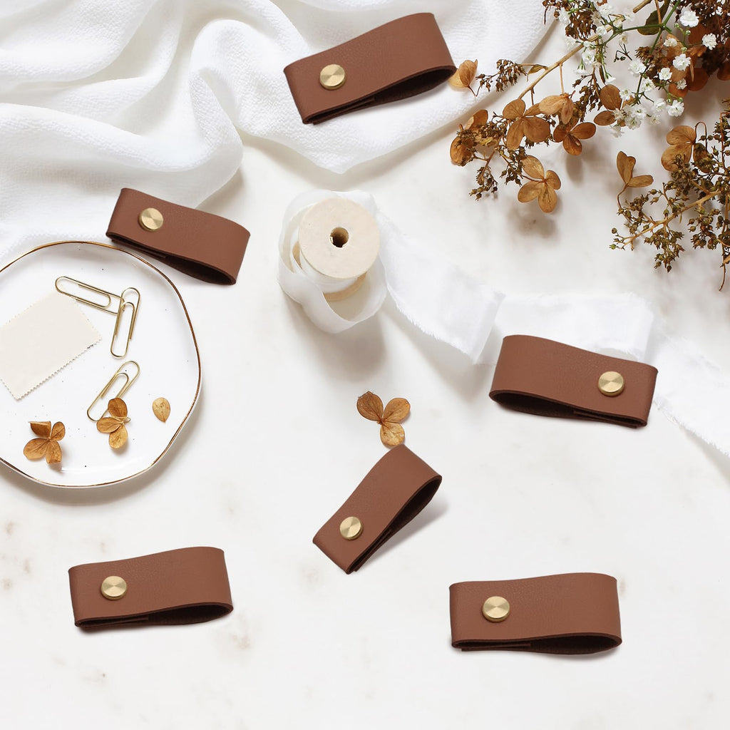 Brown Leather Drawer Pulls, 12 Pack, Single Hole Knobs