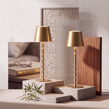14.5" Luxury Table Lamp with Bamboo Style, Gold, Tropical, 2 Pcs