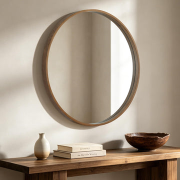 Round Wood Mirror 36 inch Circle Mirror, Rustic Farmhouse Wooden Framed Decorative Wall Decor, Vanity Wall Mirror