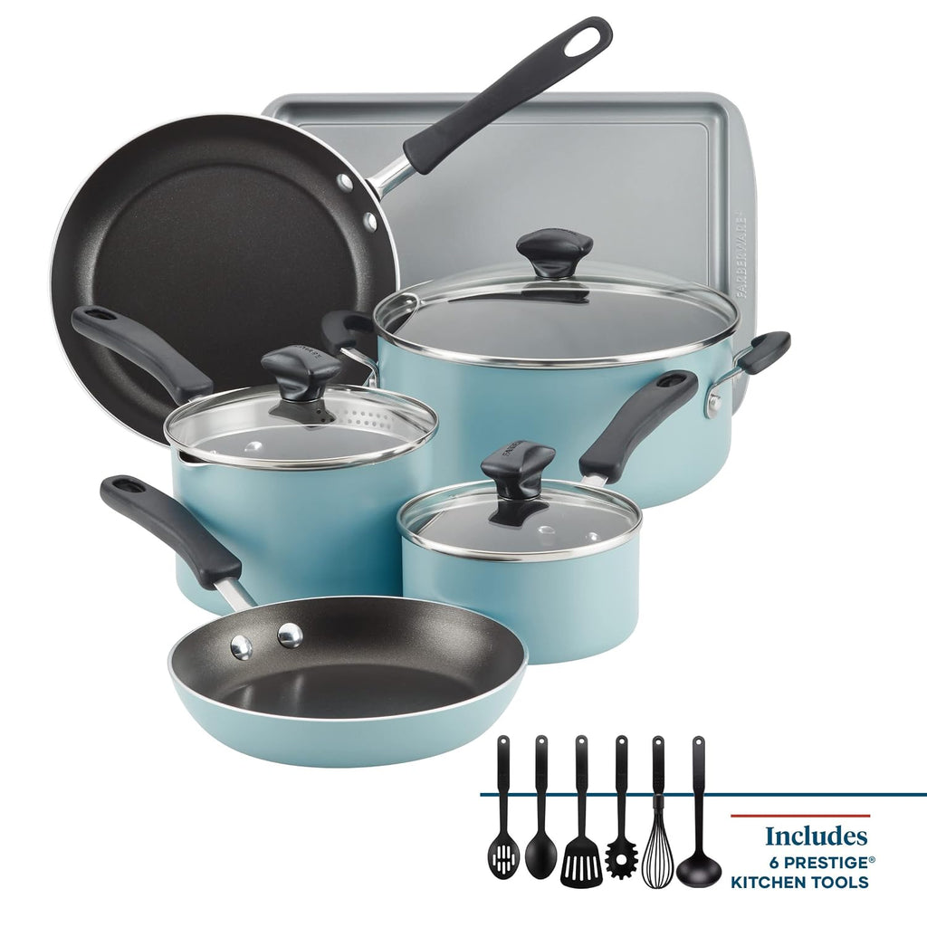 Cookstart Aluminum DiamondMax Nonstick Cookware Set, Kitchen Essentials, 15-Piece, Aqua
