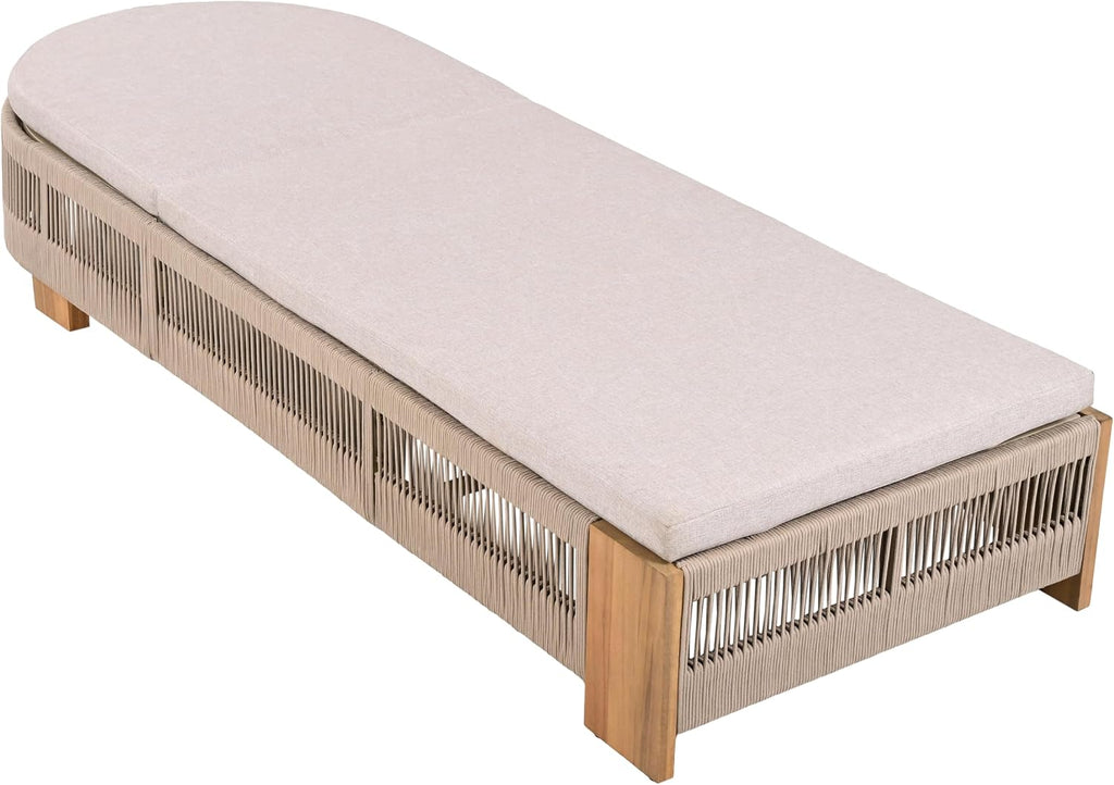 Outdoor Chaise Lounge Chair with Adjustable Backrest & Waterproof Cushion - Acacia Wood Pool Sun Lounger, Beige