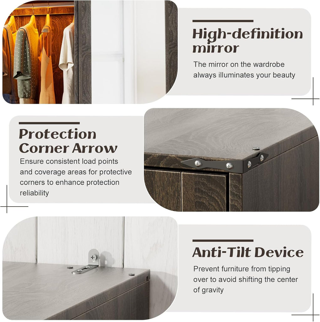 Armoire Wardrobe Closet with w/Folding Sliding Barn Door | Bedroom Armoires with Mirror and LED Lights, Hanging Rod