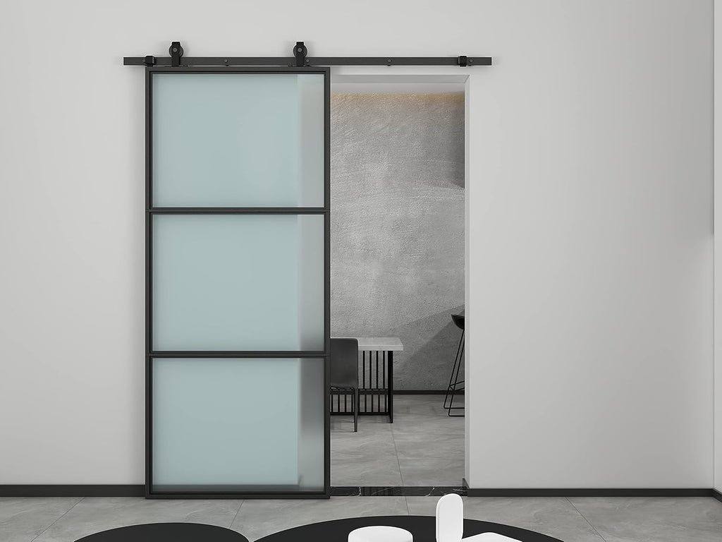 24 in. x 84 in. Full Lite Frosted Glass Black Steel Frame Interior Sliding Barn Door with Hardware K