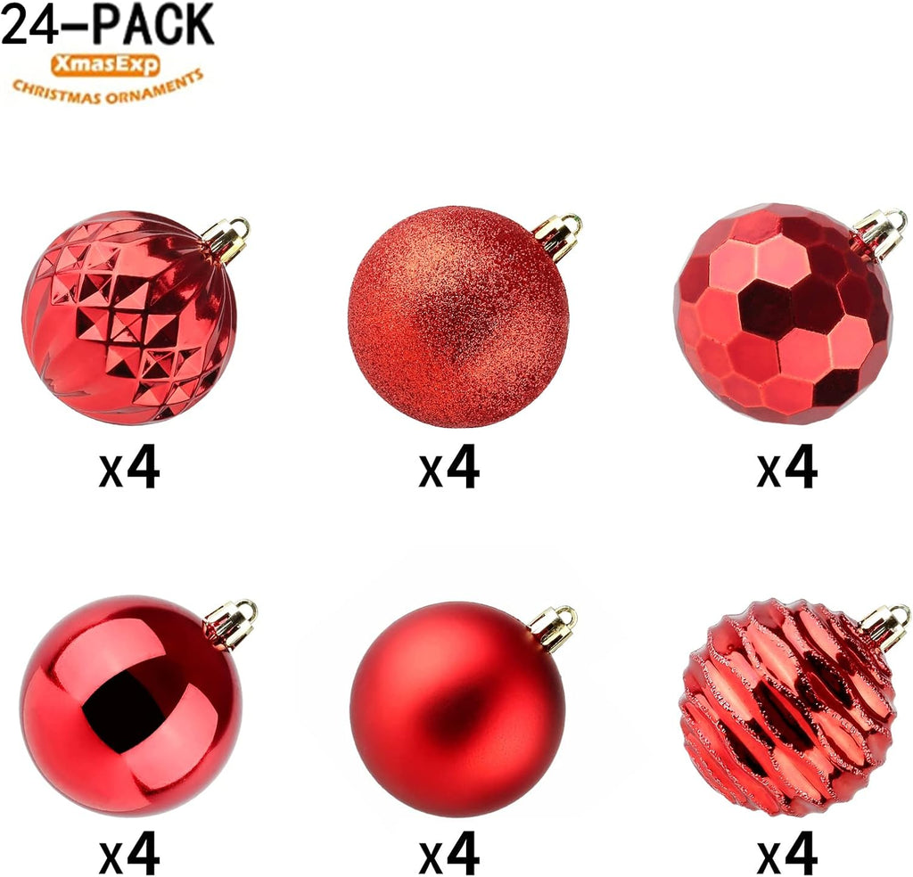 60mm/2.36" Christmas Ball Ornaments Shatterproof Christmas Ornaments Set Decorations Balls - (2.36'', Red) - Set of 24