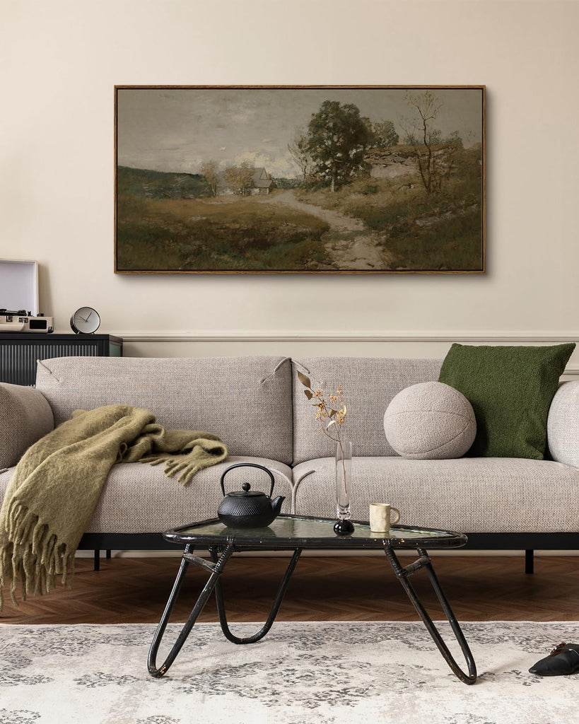 Extra Large Framed Vintage Wall Art, Rustic Landscape, 48x24in