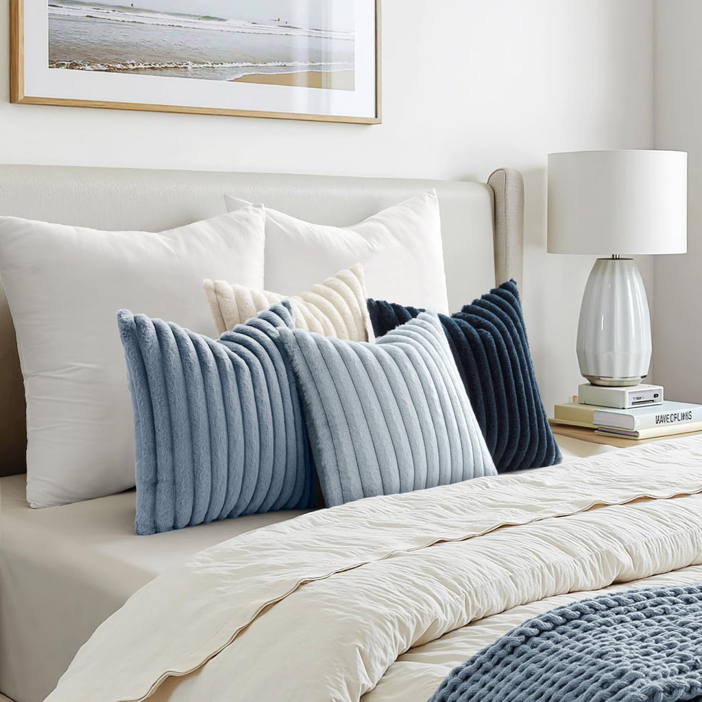 Faux Fur Plush Decorative Throw Pillow Covers 18x18 Set of 4, Summer Modern Soft Fuzzy Coastal Striped Cushion