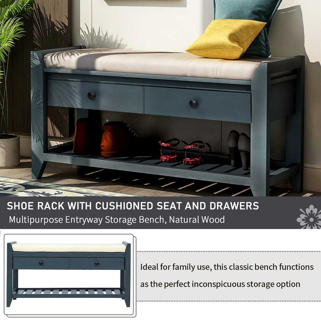 Shoe Storage Bench with Padded Cushion, Rustic Storage Bench with Woven Rattan Doors and Adjustable Shelves, Grey