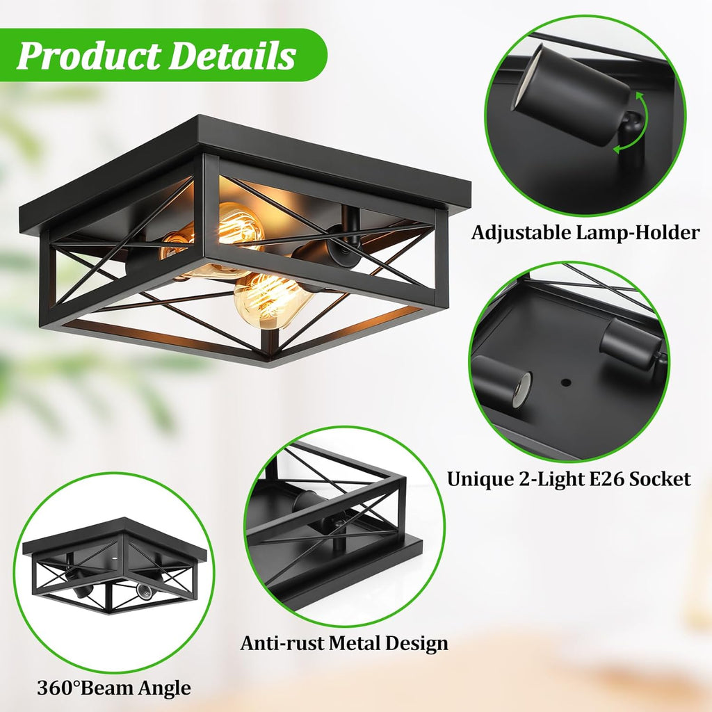2-Light Industrial Square Flush Mount Ceiling Light, Farmhouse Ceiling Light Fixture for Kitchen