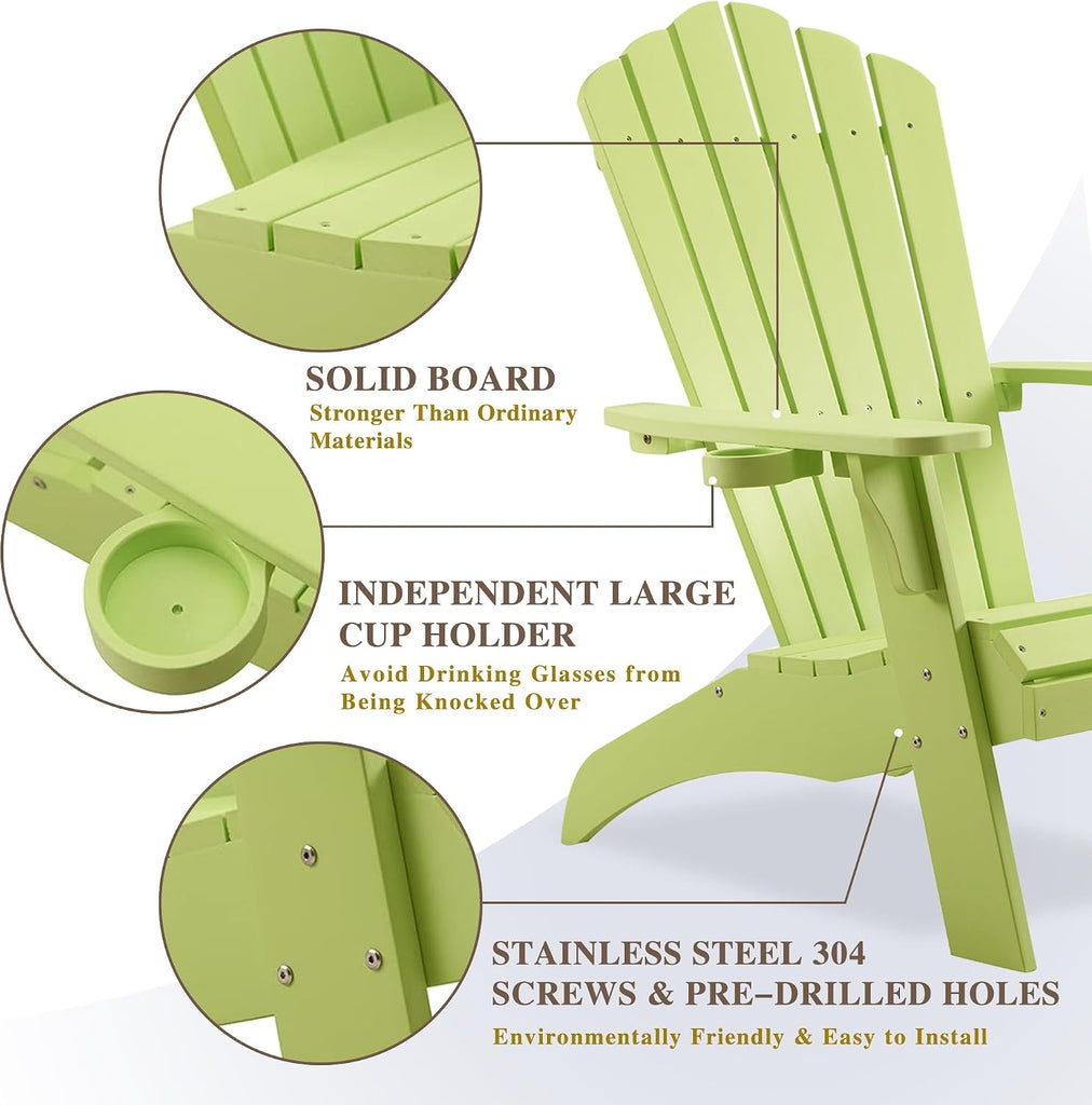 Adirondack Chairs with Cup Holder (1, Green) | Poly Lumber Patio Chairs, Blue 350Lbs Support, All Weather Patio