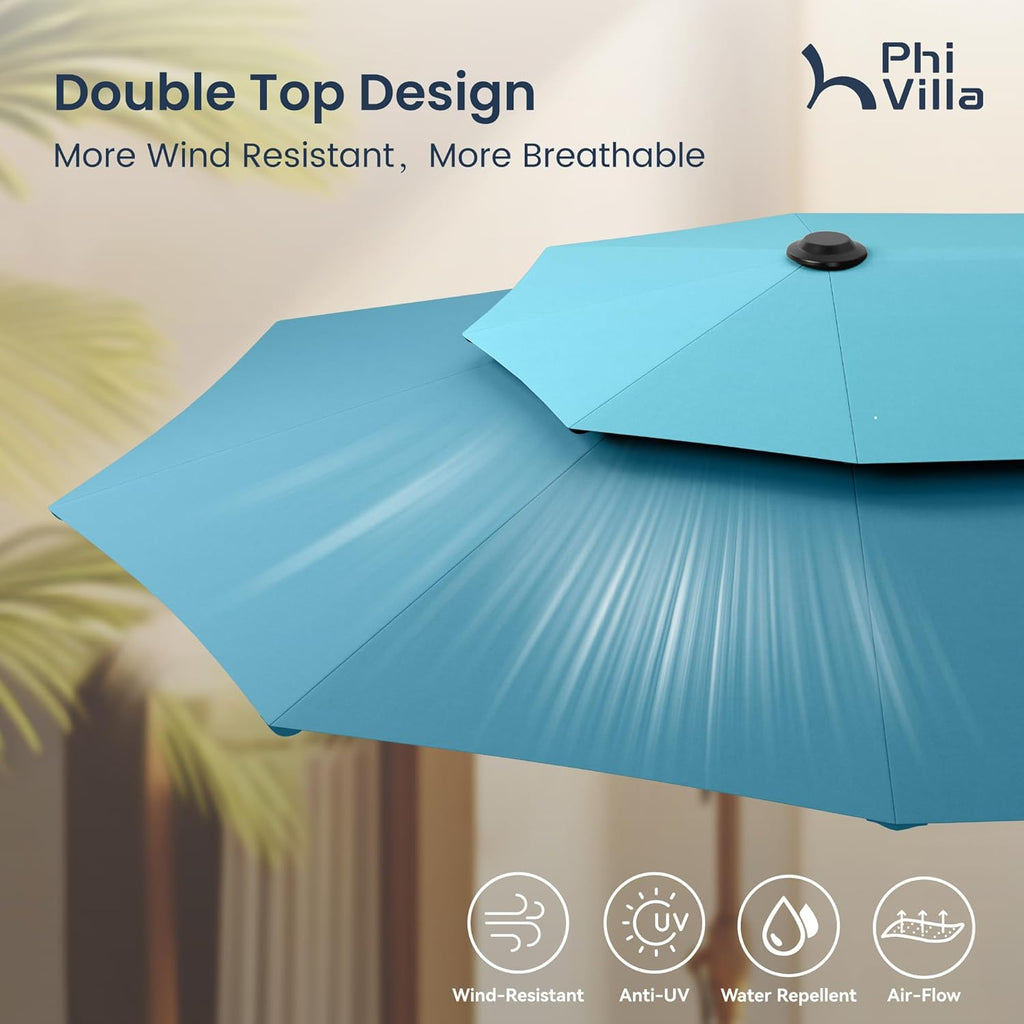 13ft Large Patio Umbrellas with Base Included, 2-Tier Double-Sided Outdoor Market Rectangle Umbrella Blue & Cerulean