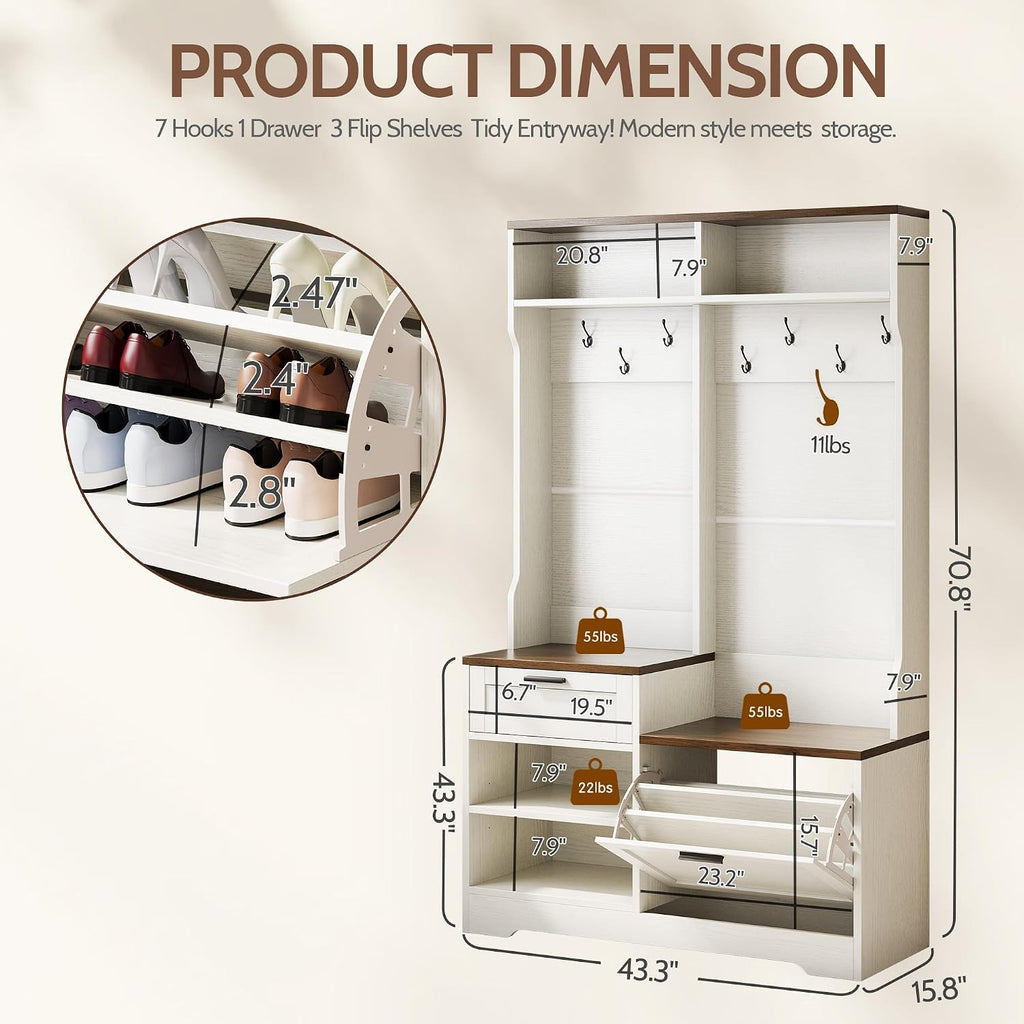 Hall Tree with Bench and Shoe Storage, 6-in-1 Entryway Coat Rack with Flip Drawer Shoe Cabinet, 7 Hooks, 4 Storage