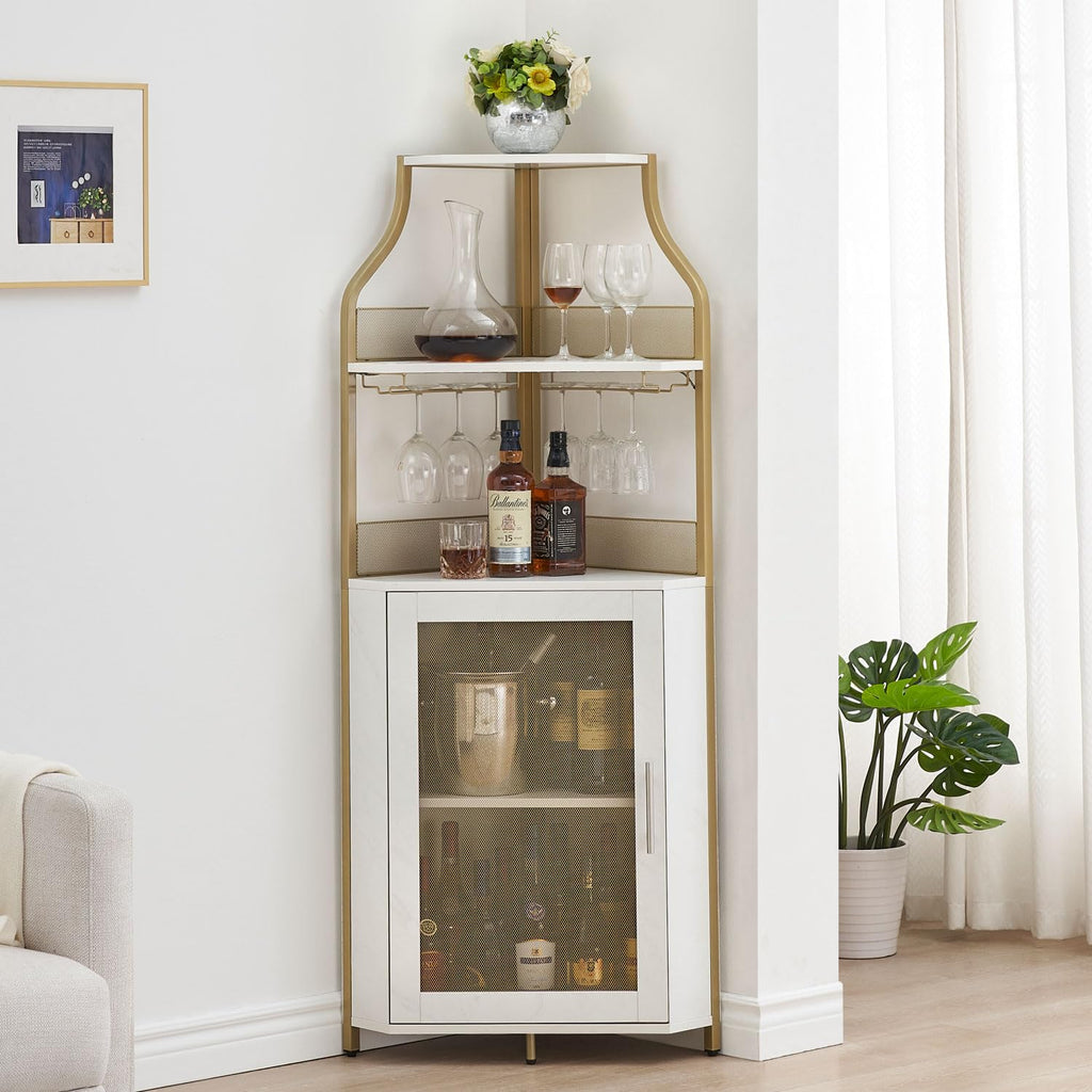 Corner Wine Bar Cabinet with Large Storage Space and Removable Wine Rack, Coffee Bar Cabinet with Glass Holder and