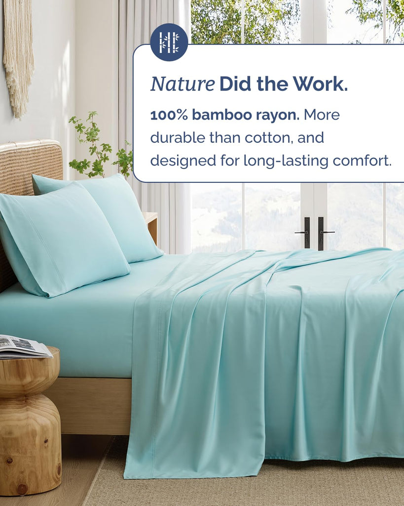 100% Rayon Derived from Bamboo - Bed Sheets Set Split King Size - Spa Blue
