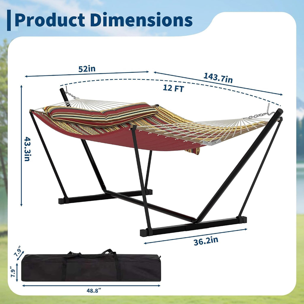 2 Person Heavy Duty Outdoor Hammock with Stand, Portable Double Hammock with Hardwood Spreader Bar, Pillow & Balance