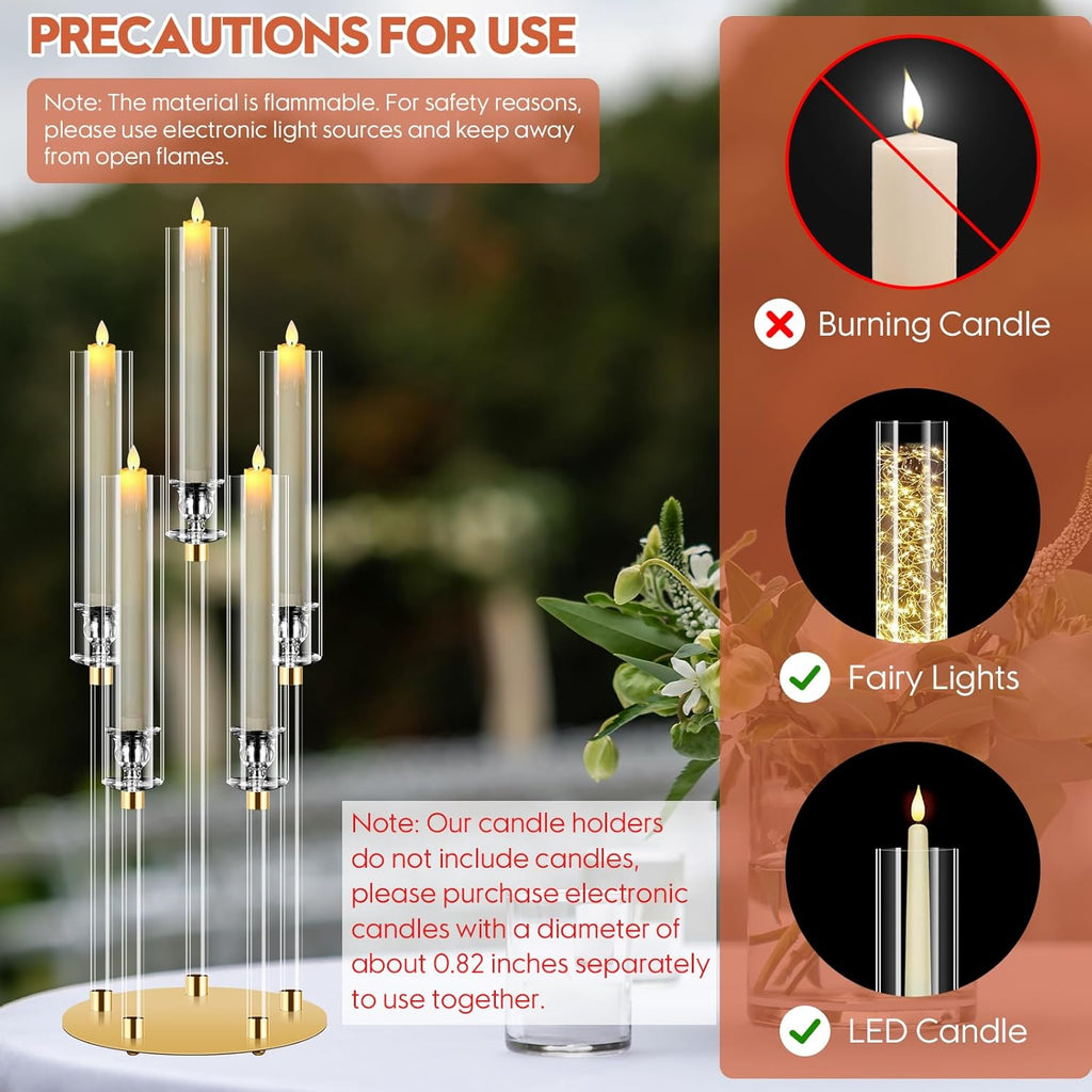 2 Sets 5 Arm Acrylic Candle Holder, Mjkeomo 26'' Tall Candelabra Centerpieces for Tables Clear Candlesticks Holder