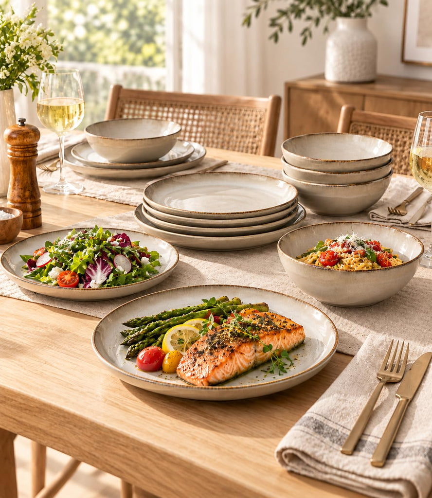 Stoneware Dinnerware Sets for 4,12 Piece Rustic Plates and Bowls Set