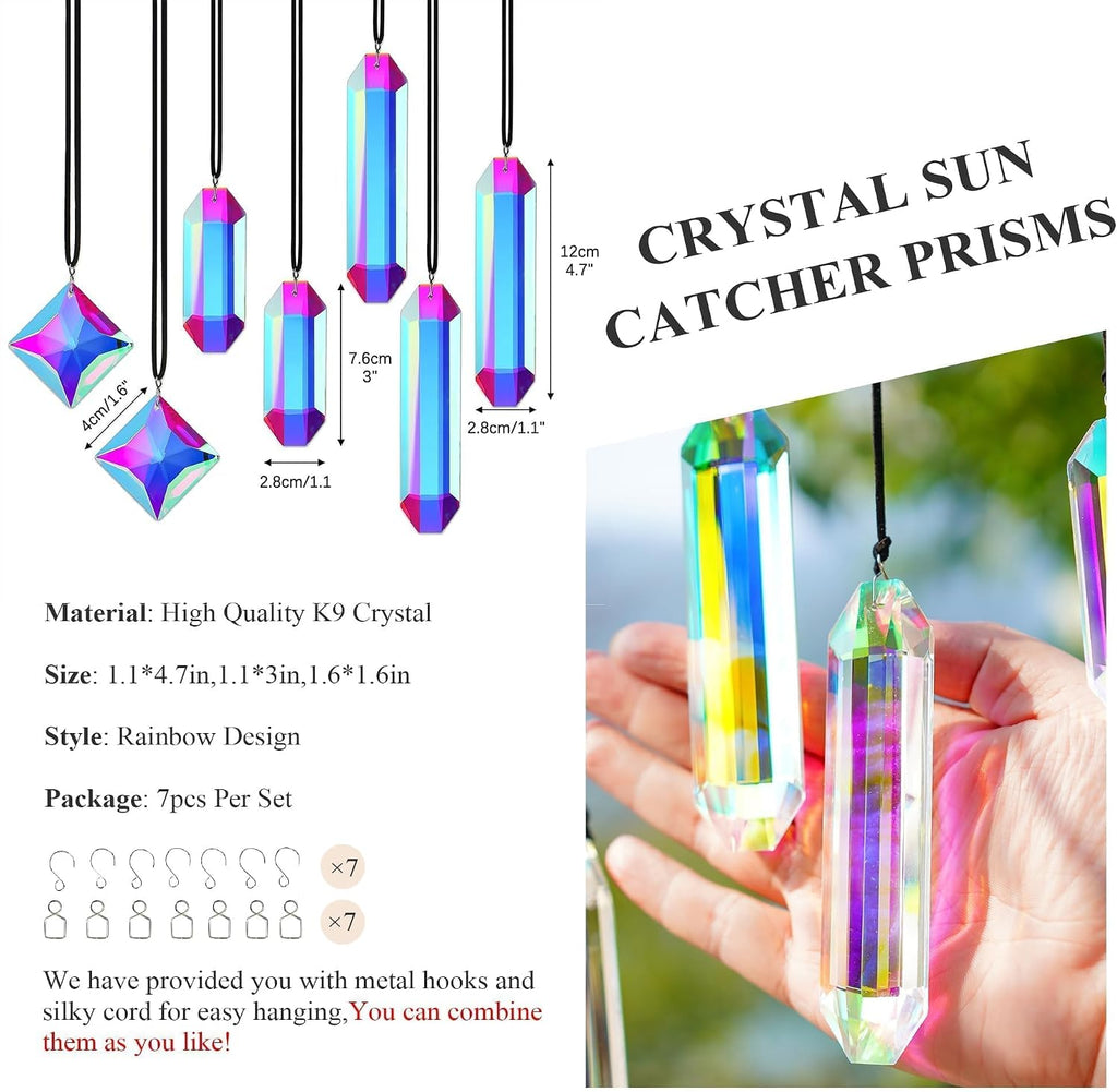 Set 7 Crystal Sun Catcher Prisms AB Colored Suncatcher Crystals for Window - Rainbow Maker Prisms