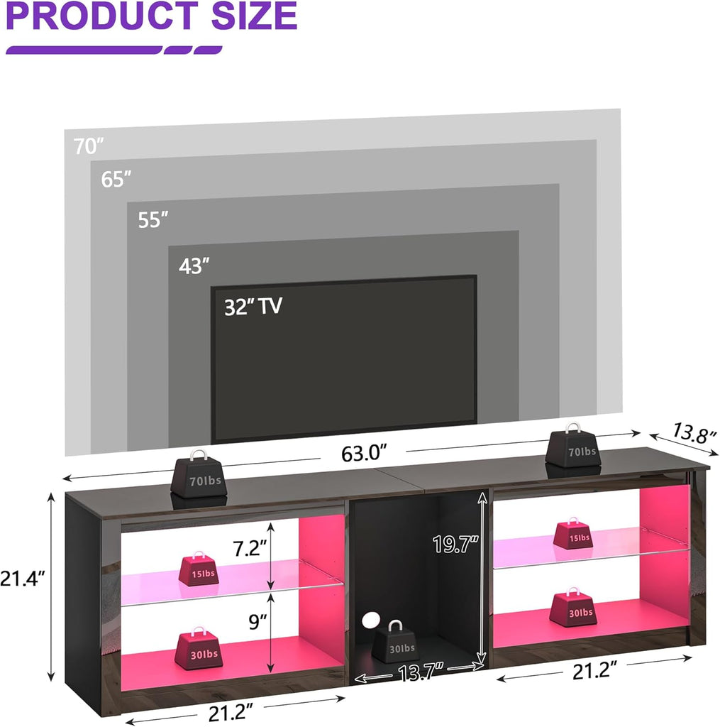 Modern 63 inch TV Stand with LED Lights for 50 55 60 65 70 75 inch TVs, High Gloss Entertainment Center for PS5, TV