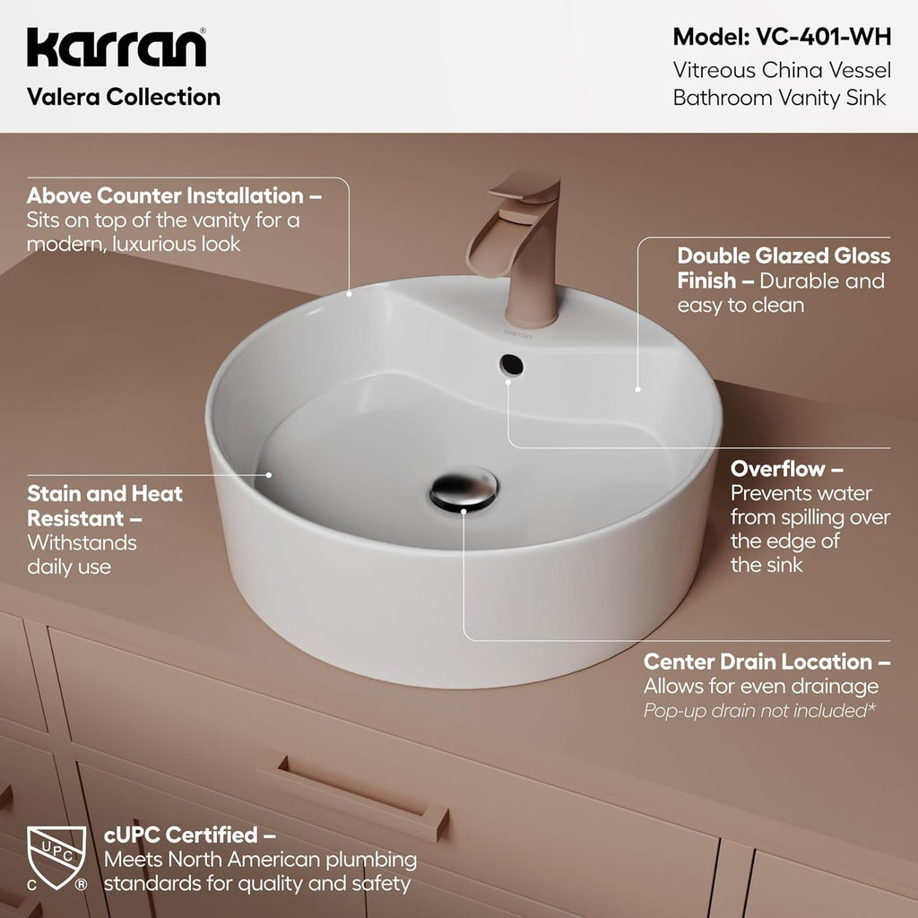 Valera 18 Inch Round Vessel Bathroom Sink, Vitreous China Above Counter Vanity Sink with Overflow