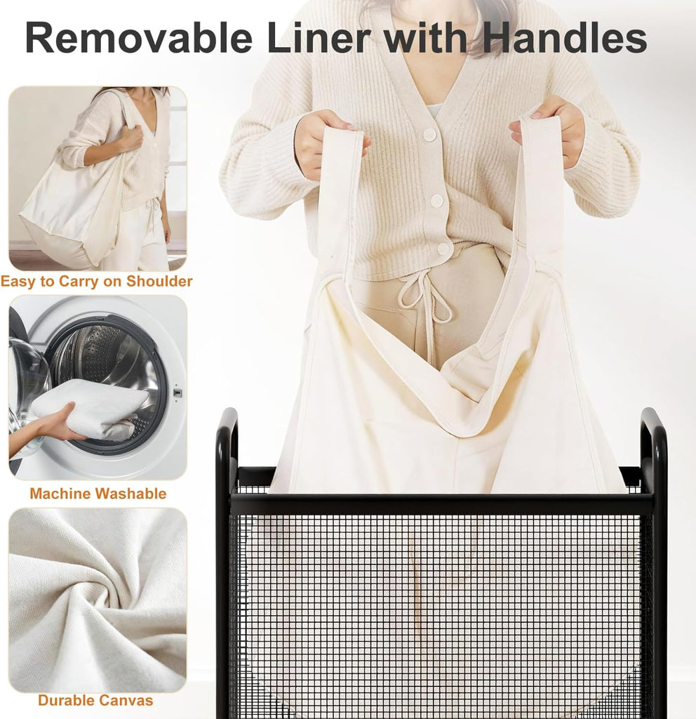 Rolling Laundry Hamper 2 Section, 100L Laundry Basket with Wheels | Double Laundry Sorter with Metal Handle and