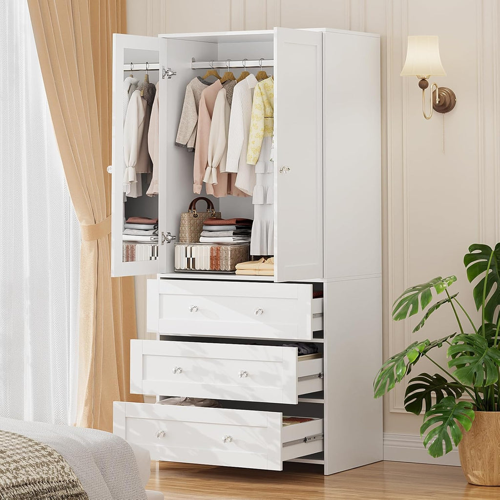 71" Tall Armoire Wardrobe Closet with Drawers and Mirror | Clothing Storage Cabinet with Hanging Rod, 2 Doors Wooden
