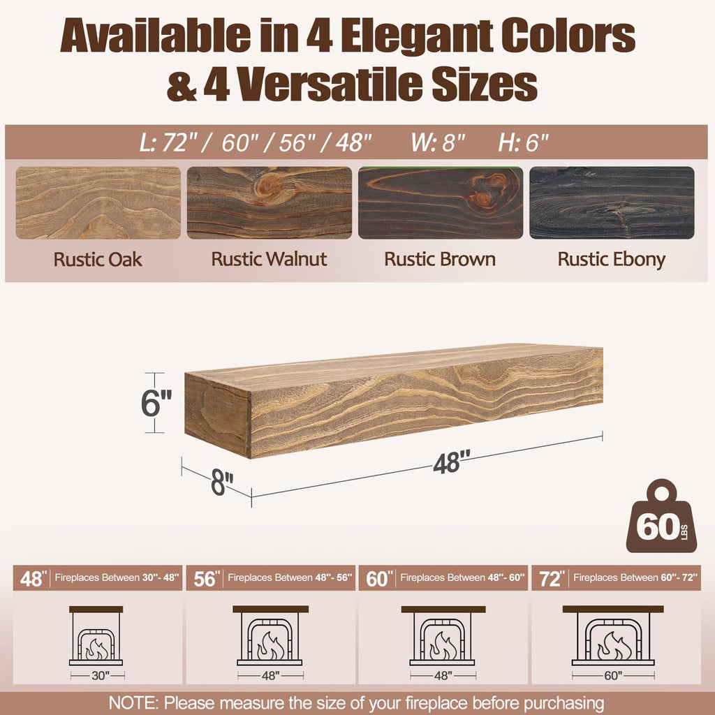 Solid Wood Fireplace Mantel 48", Rustic Mantel Shelf, Rustic Oak