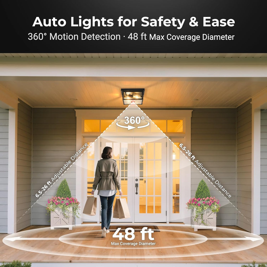 Black Motion Sensor Outdoor Ceiling Light with Remote Control, Flush Mount Ceiling Lighting for Porch, Garage