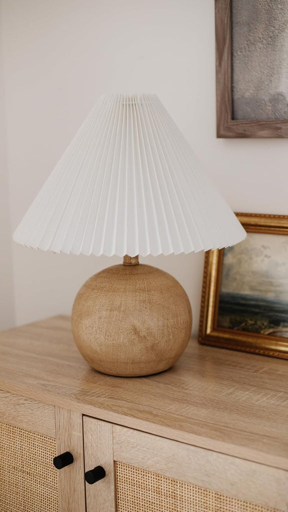 17.25" Beige Wood Finish/White Sphere Table Lamp, Mid-Century Bedside Nightstand with Beige Pleated Linen Shade