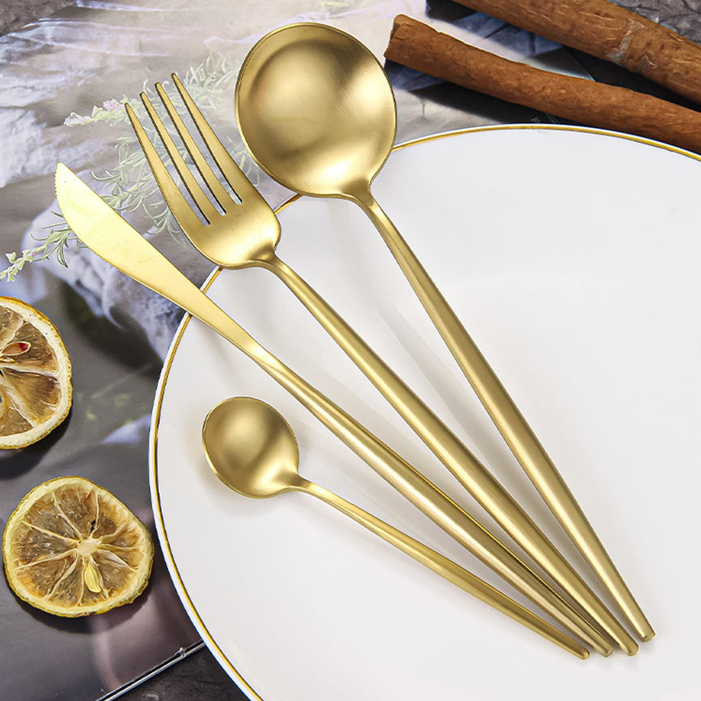 24 pcs Flatware Set, Gold Stainless Steel Flatware Set for 6, Knife Fork Spoon, Home Dinnerware Tableware Set for 6