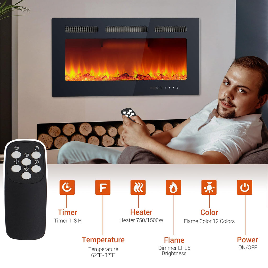 36 Inch Electric Fireplace Insert, Recessed or Wall Mounted