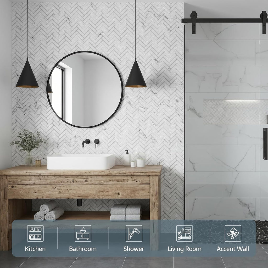 Carrara White Marble Look 3D Herringbone Recycled Glass Matte Mosaic Tile for Bathroom Shower Kitchen Backsplash
